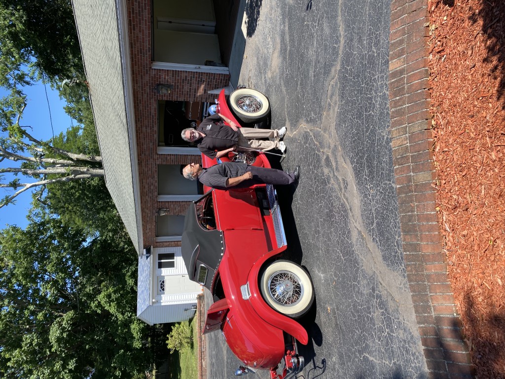 Paul Mennett with Dick Shappy at Dick's residence standing next to Dick's 1929 Duesenberg Model J-268 Convertible Coupe.